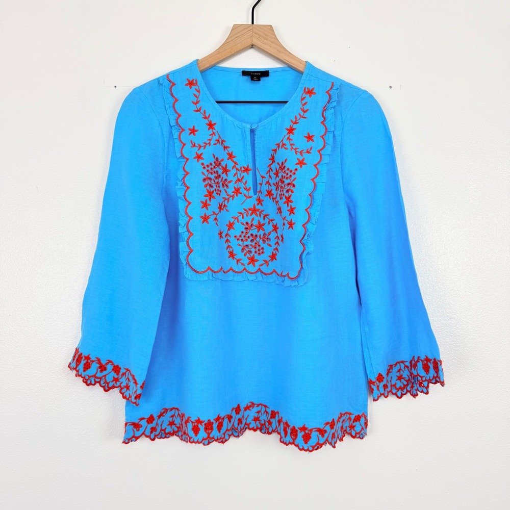 J.Crew Linen Embroidered Tunic Blouse Womens M Teal Red Floral Top Boho Summer